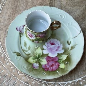 LEFTON VINTAGE 2 Piece (1 plate and 1 matching cup)Harvest Green Pink Roses